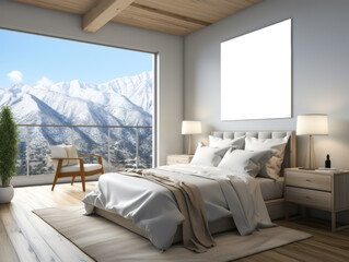 Sleek mountain bedroom with panoramic view and modern furnishings. Generative AI