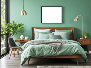 Stylish bedroom with teal accents and modern furnishings. Interior design concept. Generative AI