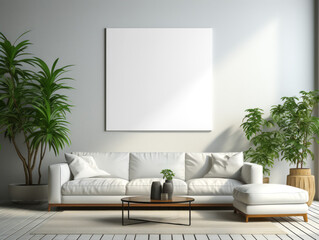Modern living room interior with white sofa and lush greenery. Urban oasis and design concept. Generative AI