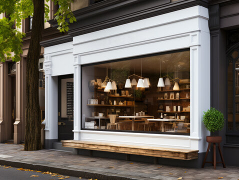 Chic cafe exterior with large windows and natural lighting. Urban eatery design. Generative AI