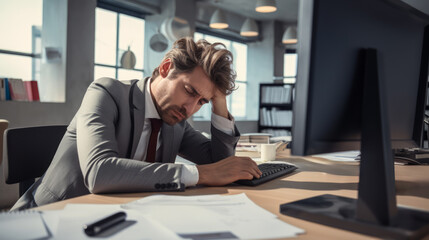 Exhausted male professional with head in hands at work desk. Workplace stress concept. Generative AI