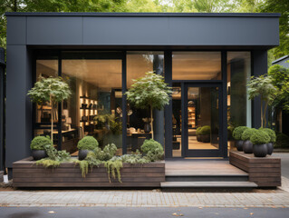 Fototapeta na wymiar Sophisticated store entrance with reflective windows and natural greenery. Exterior design. Generative AI