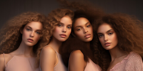 Obraz premium Unity concept: A diverse group of women of all skin tones, hair types posing together. A multiculture group standing together. Neutral colour. Women's day banner.