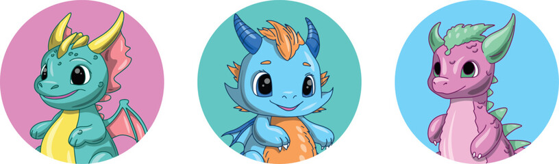 Little cute dragon faces set. Funny fantasy character portrait, round avatars, isolated colorful vector icons on white background.