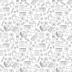 Office supplies seamless pattern. Office stationery blue drawings positioned diagonally on white background