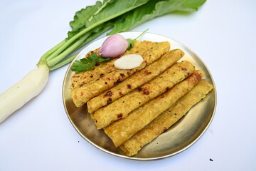 Mooli paratha or Radish flatbread. Healthy Indian Mooli paratha. Daikon flatbread. It is a popular food of india. It can be eaten for breakfast, lunch and dinner. Indian food. 