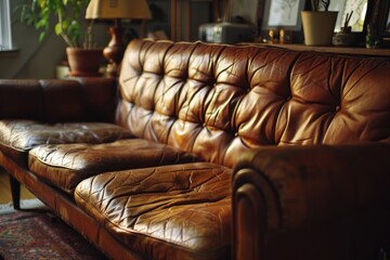 Vintage Brown Leather Sofa: Retro Living Room Interior with Book Collection