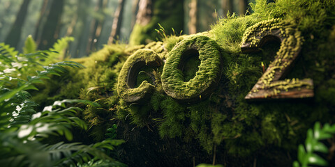 Carbon Dioxide CO2 Reduction. Sustainable Resources. Environmental and Ecology Care Concept. Close up of a CO2 sign, carbon emission icon with moss and trees. Forest in background. Sustainable banner.