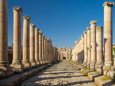 Jerash Greek and Roman city ruins, tourist area and archeological site