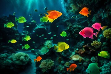 Naklejka na ściany i meble multicolor fishes moving under the sea water looking very gorgeous abstract background 
