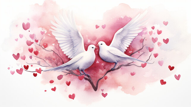 Watercolor illustration featuring a couple of doves