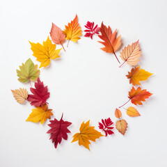 Natural round frame made of autumnal colorful leaves