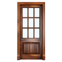 A door with transparent windows is cut out on a transparent background. Dark wooden door for entering or exiting a terrace in a modern style. Element to be inserted into a design or project