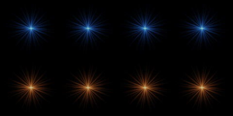 Explosion light effect. Glare of light rays. Light solar flare. On a black background. - obrazy, fototapety, plakaty