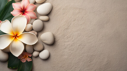 Fototapeta na wymiar Natural sand background with flowers and stones