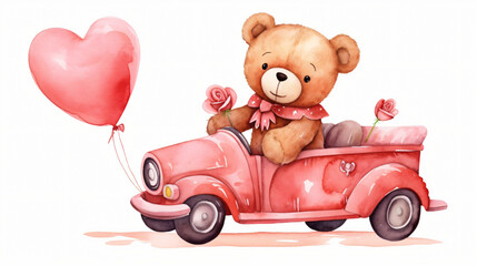 Watercolor of cute bear Valentines day