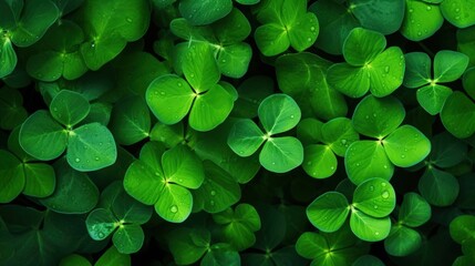 Background with green clover leaves. Shamrock plant in fresh green juicy colors - obrazy, fototapety, plakaty