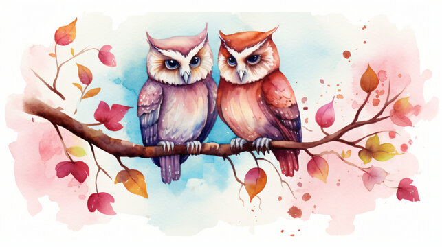 Watercolor Owls In Love