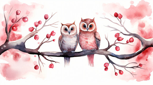 Watercolor owls in love