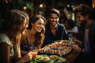 A beautiful company of young people is celebrating in a restaurant and eating sushi - obrazy, fototapety, plakaty