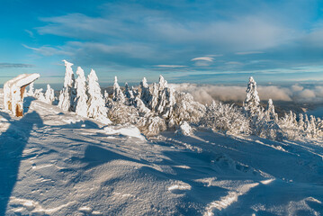 Winter on Lysa hora hill in Moravskoslezske Beskydy mountains