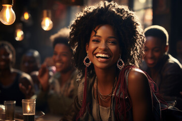 A young beautiful African woman is sitting in the company of friends in a bar on a weekend - obrazy, fototapety, plakaty