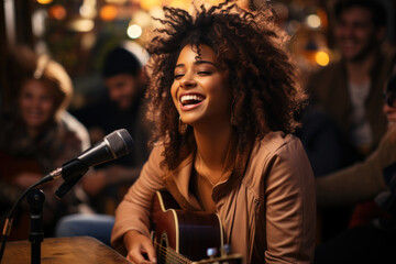 Young female playing the guitar and singing into a microphone in a bar - obrazy, fototapety, plakaty