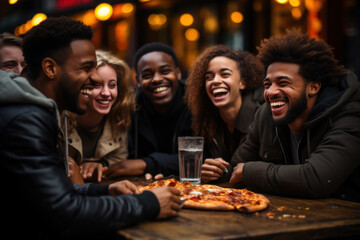Happy young multinational friends eating pizza in a restaurant