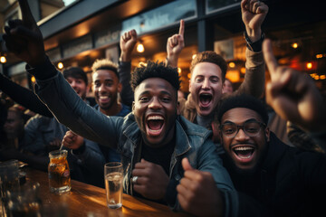 Group of happy young fans, celebrate victory of favorite team watching match in pub - obrazy, fototapety, plakaty