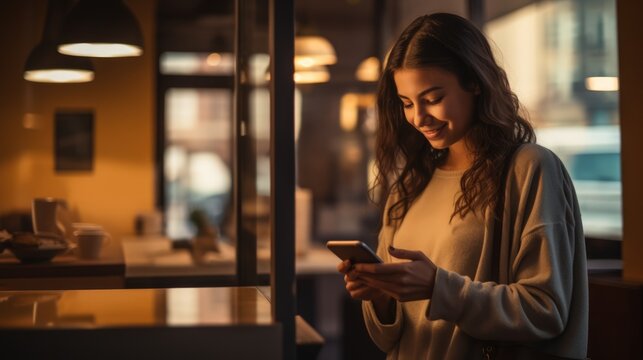  A Young Woman Browses Her Smartphone While Seated In A Cozy Coffee Shop, Engaged In Online Shopping.