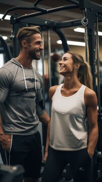 Young happy sportswoman having weight training with personal trainer in gym.