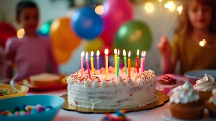 Fotobehang white birthday cake with candles, birthday party for children, children having fun, colorful cake, rainbow, multicolored balloons and sparkles, chocolate, sugar and candies, candles, sweet dessert © Prasanth