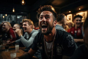 Group of happy young men, fans, celebrate victory of favorite team watching match in pub