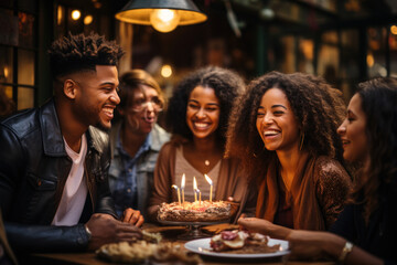 Young happy friends in celebrating birthday in a restaurant or pub - Powered by Adobe