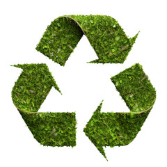 Recycling symbol made from grass texture is cut out on a transparent background. Concept for recycling bottles or clothes. Design element on ecology theme