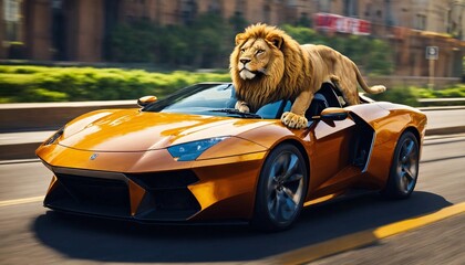 a lione on the sport super car - obrazy, fototapety, plakaty