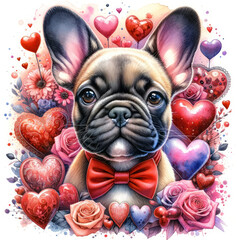 Watercolor French bulldog surrounded in flowers and hearts. valentines day. postcards, invitations