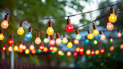 Naklejka premium Party outdoor string lights hanging on a line in background