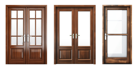A set of different doors for apartments with transparent windows is cut out on a transparent background. Wooden doors in modern and classic style. Element to be inserted into a design or project