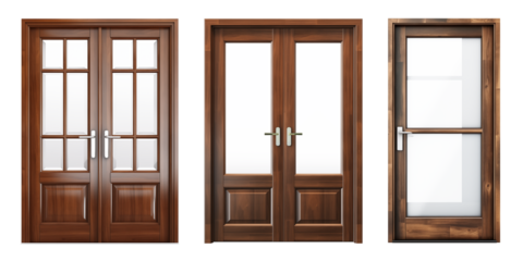 A set of different doors for apartments with transparent windows is cut out on a transparent background. Wooden doors in modern and classic style. Element to be inserted into a design or project
