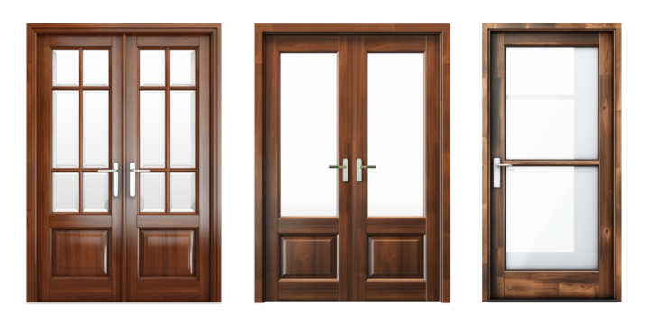 A set of different doors for apartments with transparent windows is cut out on a transparent background. Wooden doors in modern and classic style. Element to be inserted into a design or project