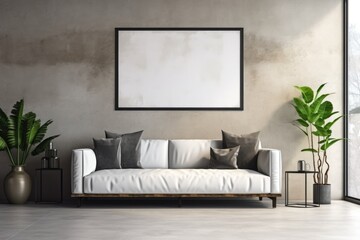 Stylish living room setup with a comfortable couch, potted plant, and a blank frame on a clean wall Mock Up