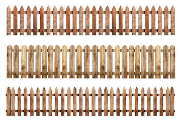 Set of wooden fences on a transparent background, front view. Long strips of wooden fence on a transparent background. Fencing in the style of an old village.