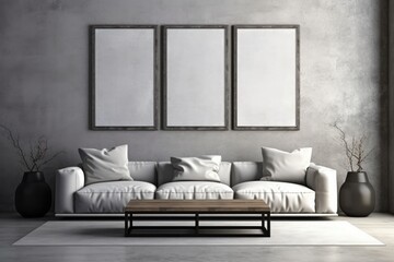 Stylish living room setup with a comfortable couch, potted plant, and a blank frame on a clean wall Mock Up