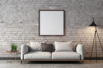 Naklejka premium Stylish living room setup with a comfortable couch, potted plant, and a blank frame on a clean wall Mock Up