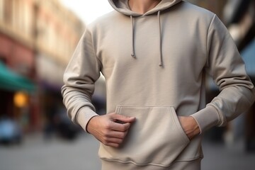 Front view of an unidentifiable person standing on a city street wearing a plain hoodie, mockup