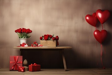 red flowers on table, with red gifts boxes and heart shapes balloon for love and valentine's celebration