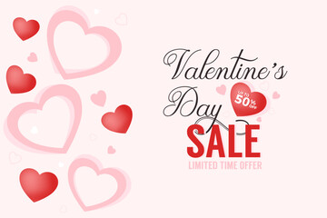 Valentine's day sale special offer, up to 50% off discount. Banner or voucher template with hearts frame.