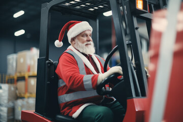 Santa Claus operating a forklift, with gift packages in the background, depicting holiday rush in a warehouse setting