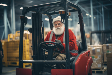 Fototapeta na wymiar Santa Claus operating a forklift, with gift packages in the background, depicting holiday rush in a warehouse setting